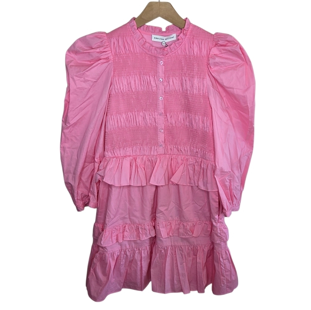 NWT English Factory Pink Smocked Puff Sleeve Ruffle Mini Dress Small Barbiecore